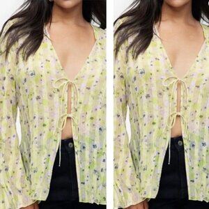 H&M NWT Sheer Long Sleeve Tie Front Floral Blouse